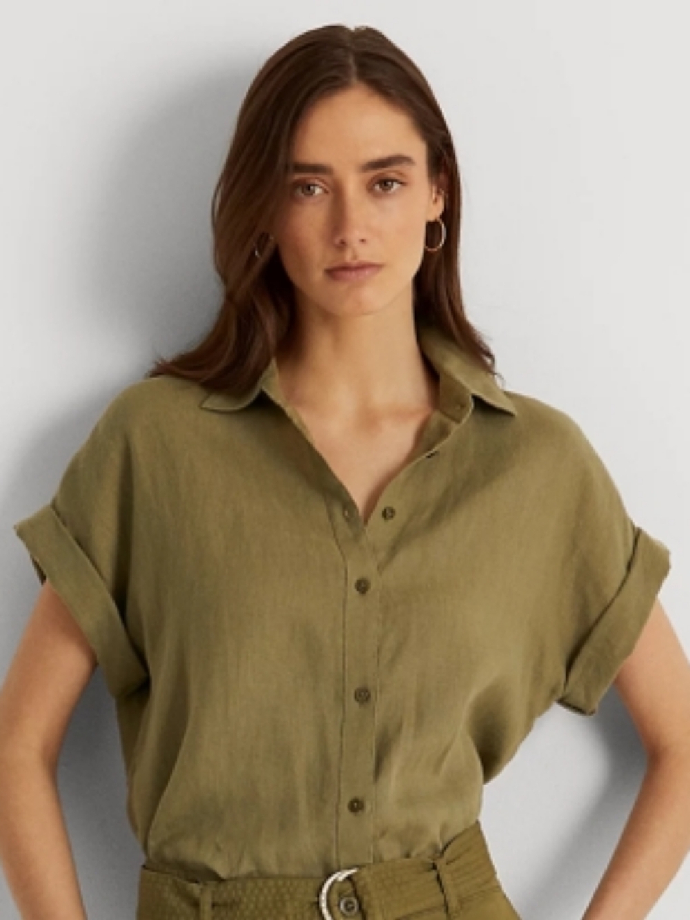 Lauren Ralph Lauren Olive-Style Short Sleeve Button-Down Shirt 100% Linen SZ S